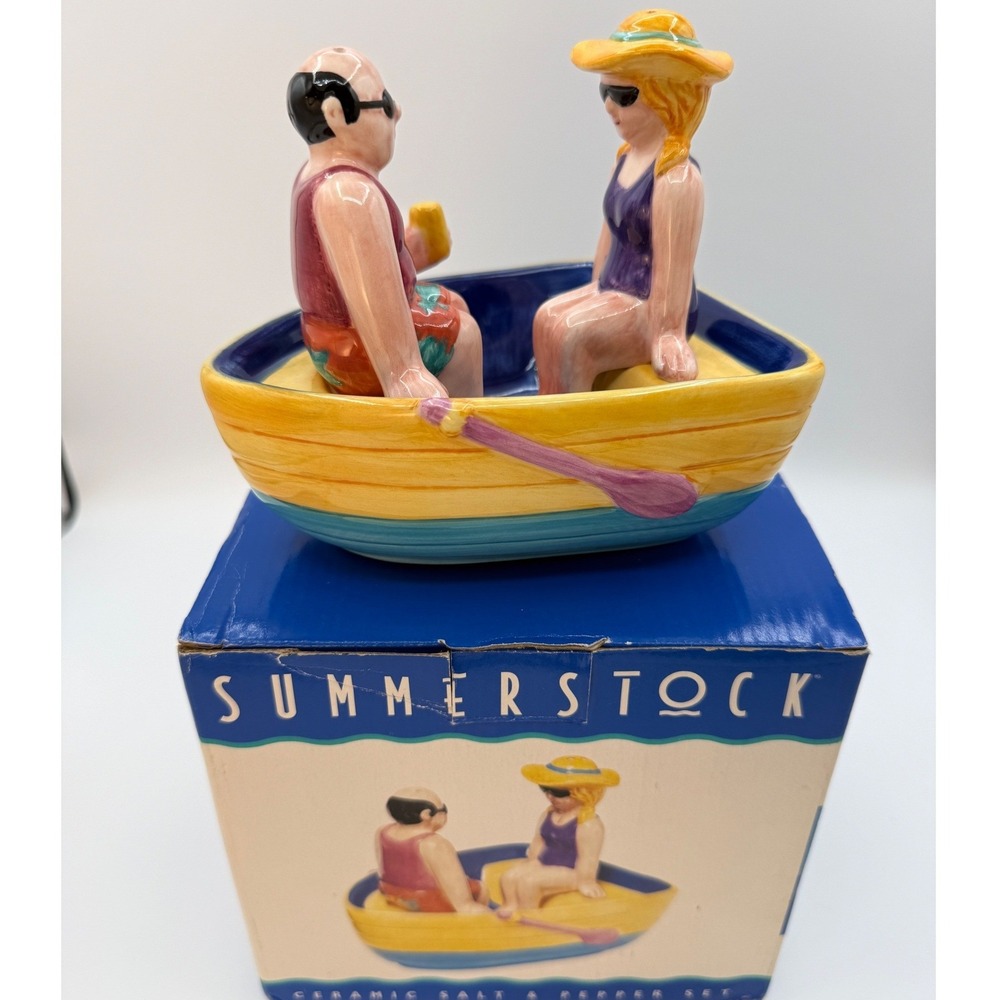 Summerstock 1997 Salt Pepper Shakers Yellow Rowboat Couple Beach Nautical Kitsch
